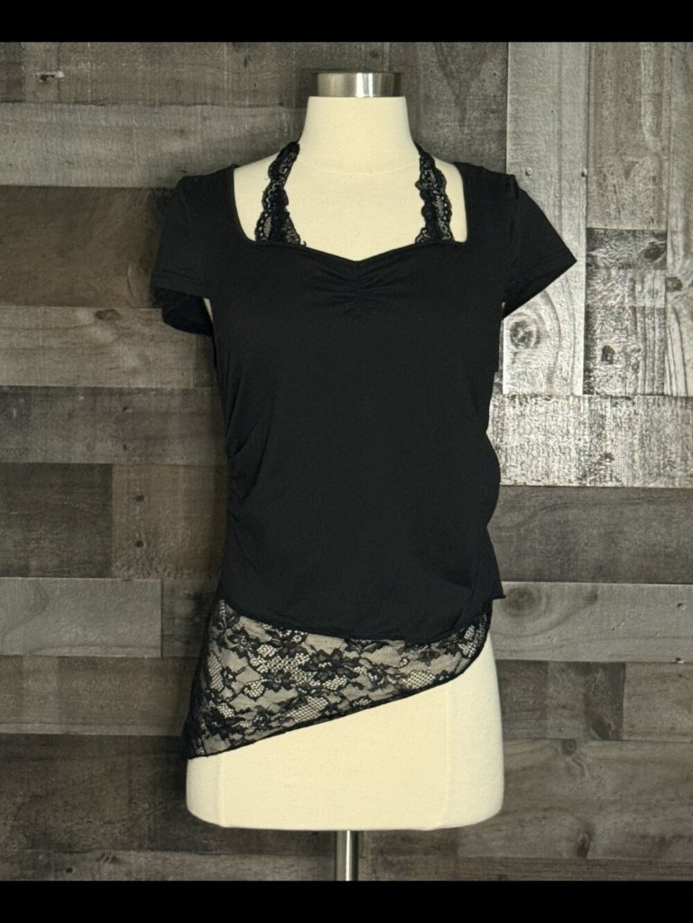Romwe black lace ruched top girls large dark feminine 80s whimsigoth grunge emo